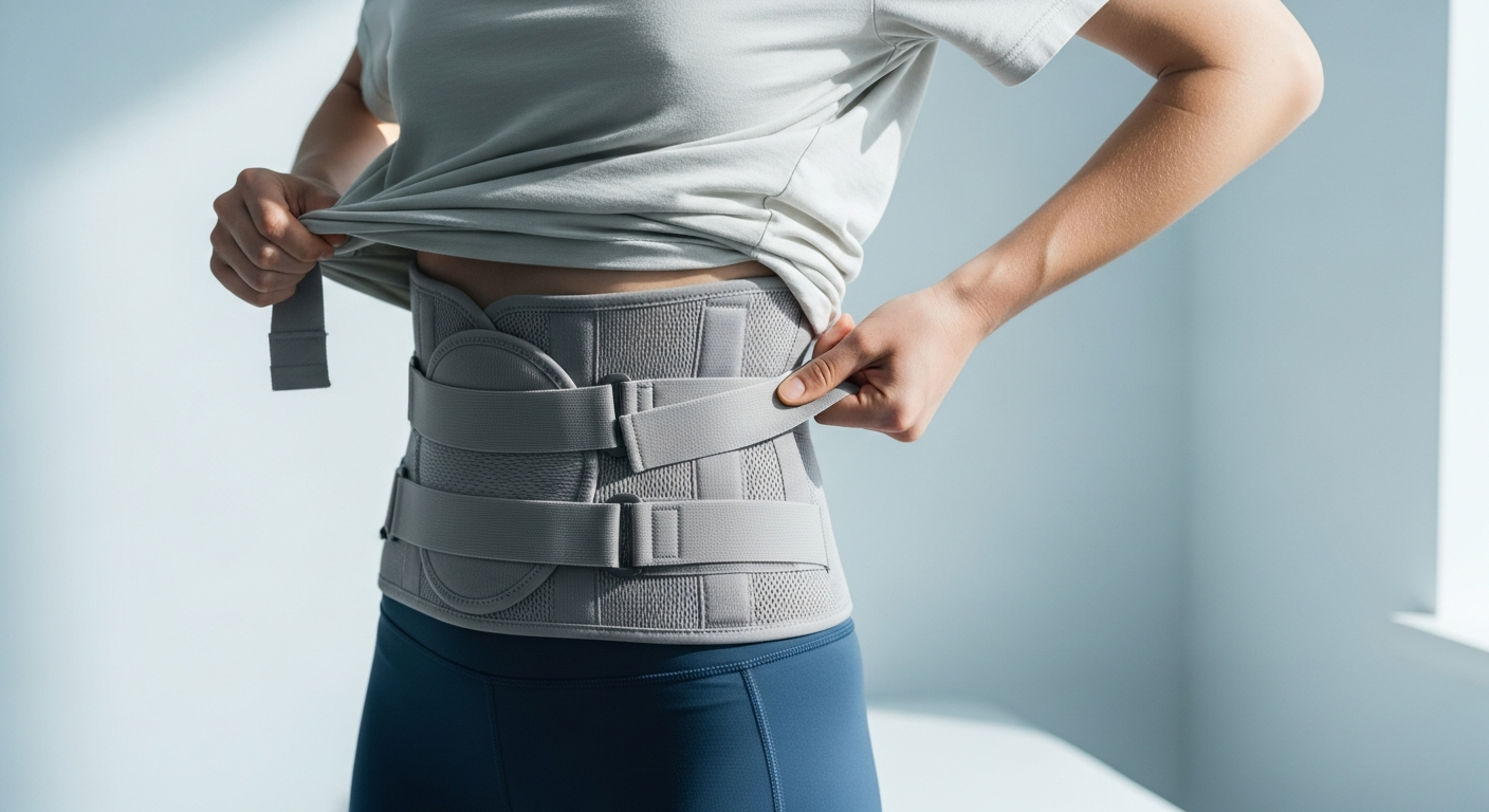 Person adjusting a supportive lumbar back brace for sciatica management