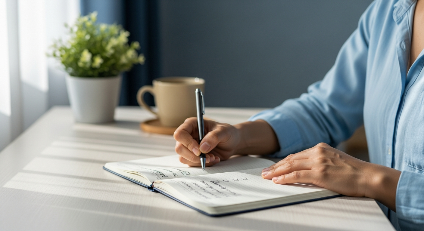 Person journaling their pain management progress at a calm home desk