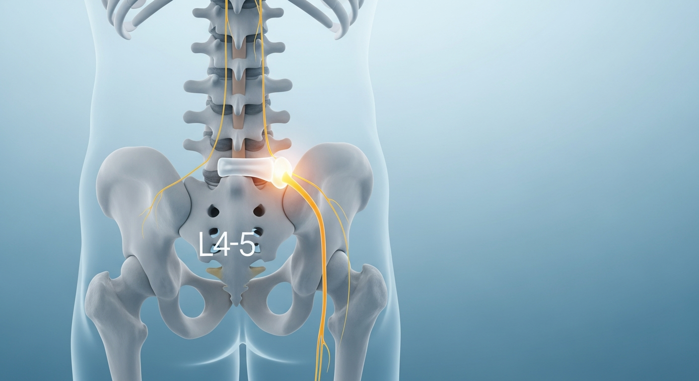 Anatomical spine illustration showing a herniated disc pressing on the sciatic nerve root