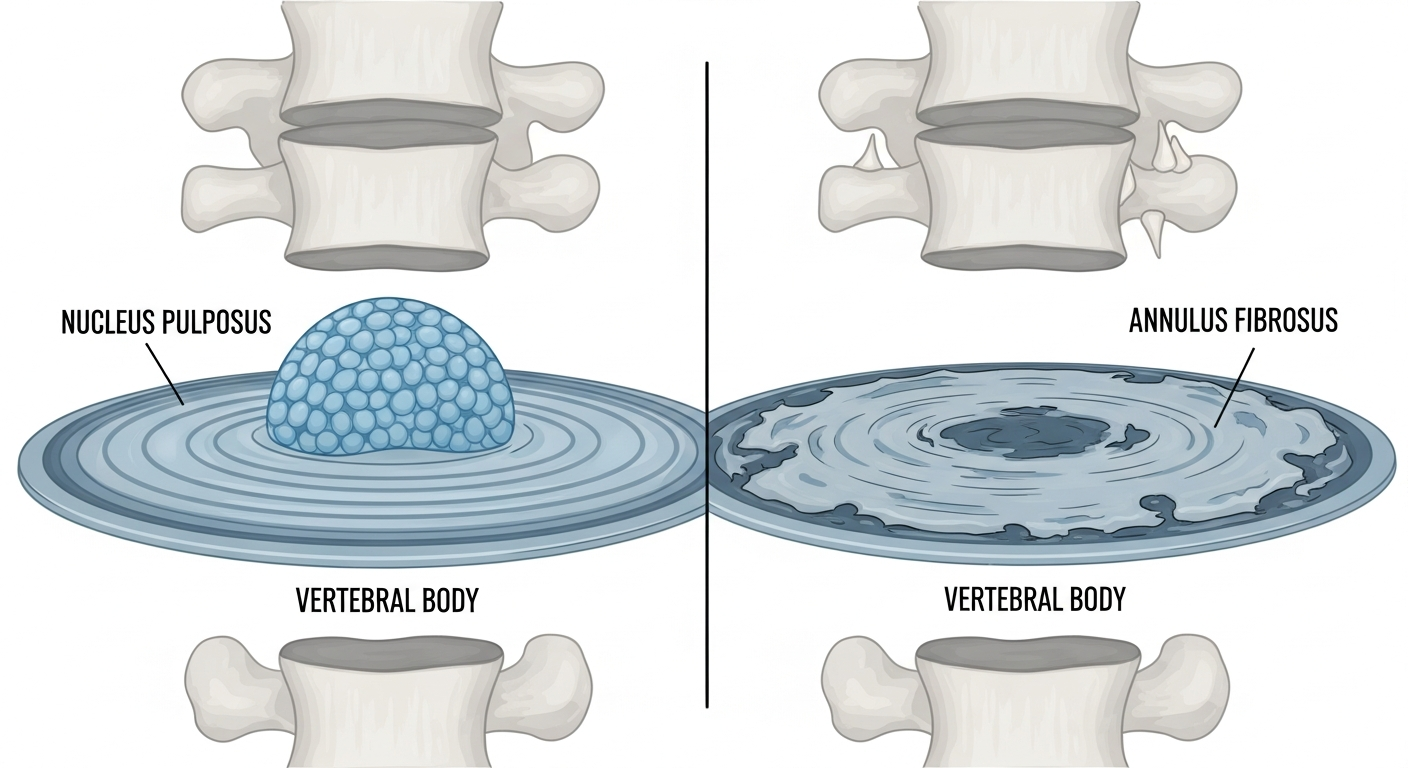 Side-by-side comparison illustration of a healthy intervertebral disc versus a degenerated disc