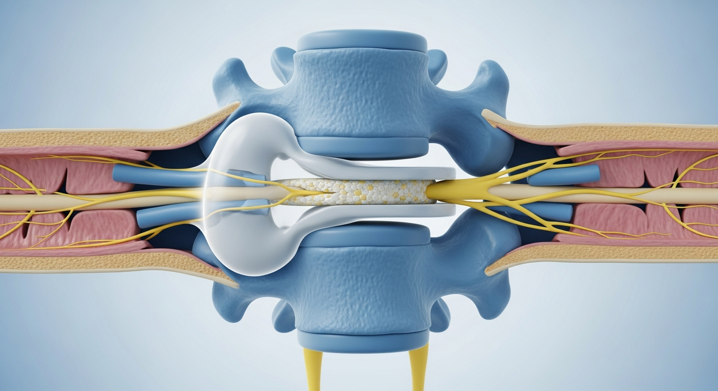 Cross-section illustration of a bulging lumbar disc compressing the sciatic nerve