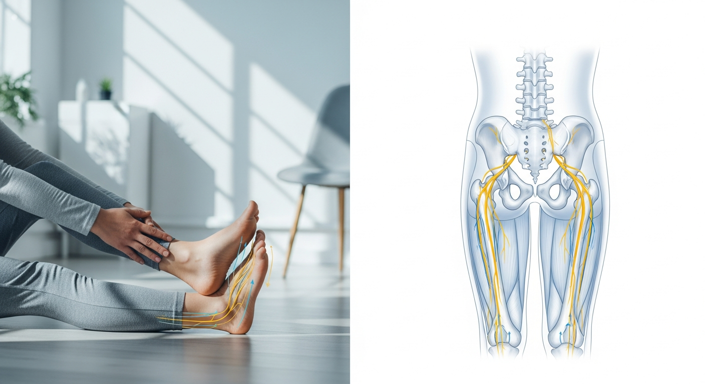 Person seated performing a sciatic nerve glide exercise with leg extended