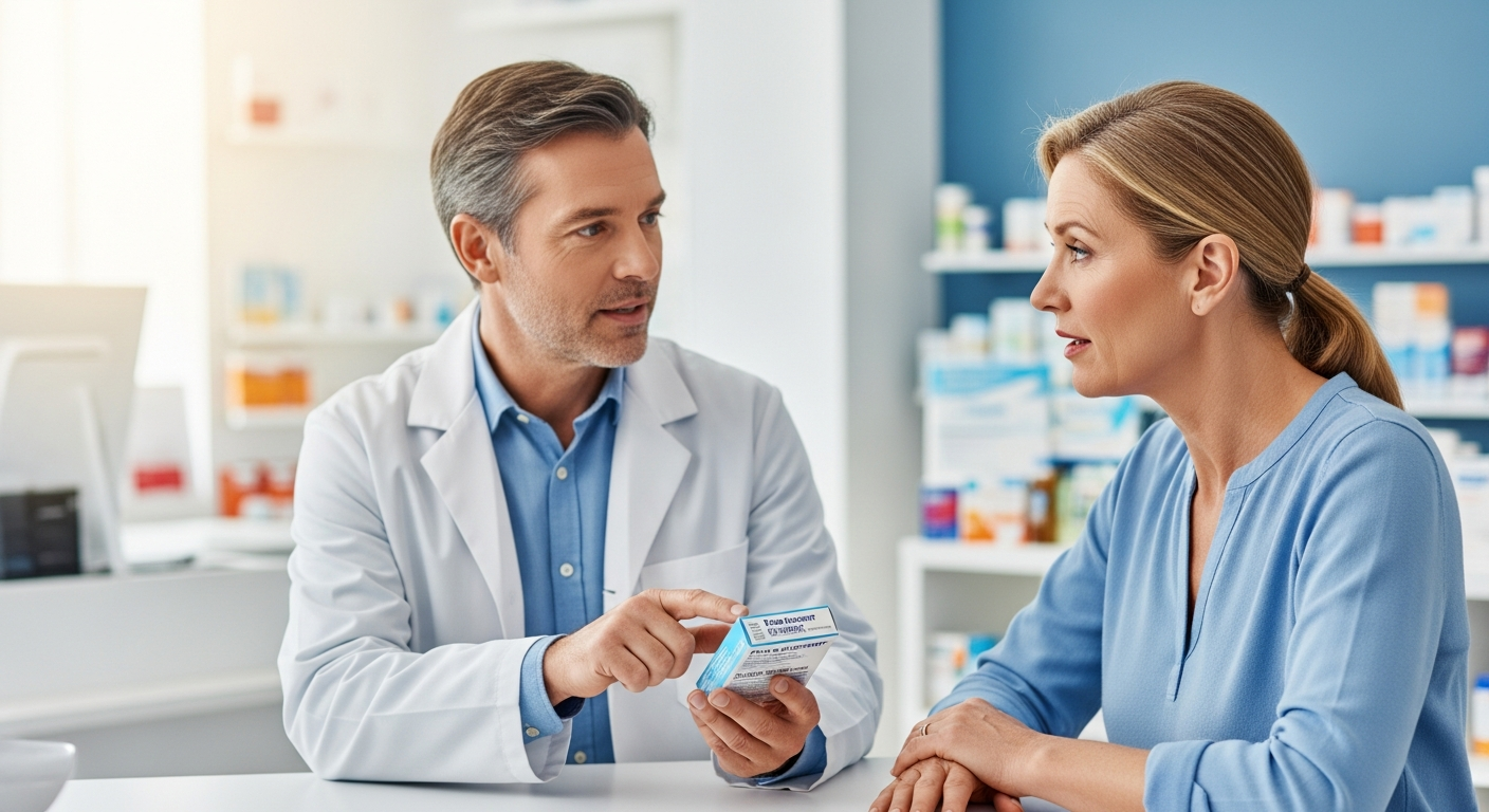 Pharmacist discussing OTC pain relief options with a patient at the pharmacy counter