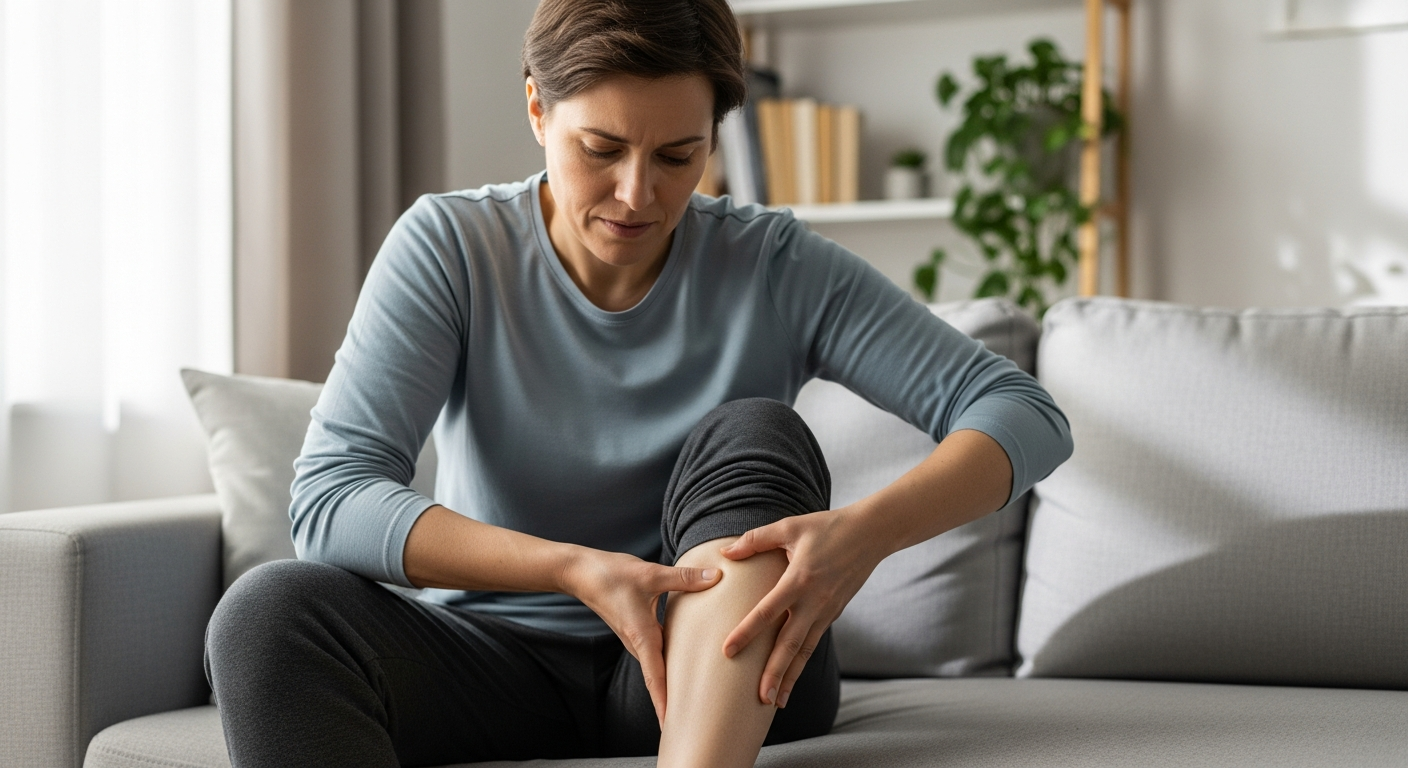 Person seated on a couch gently massaging their lower leg due to sciatic nerve discomfort