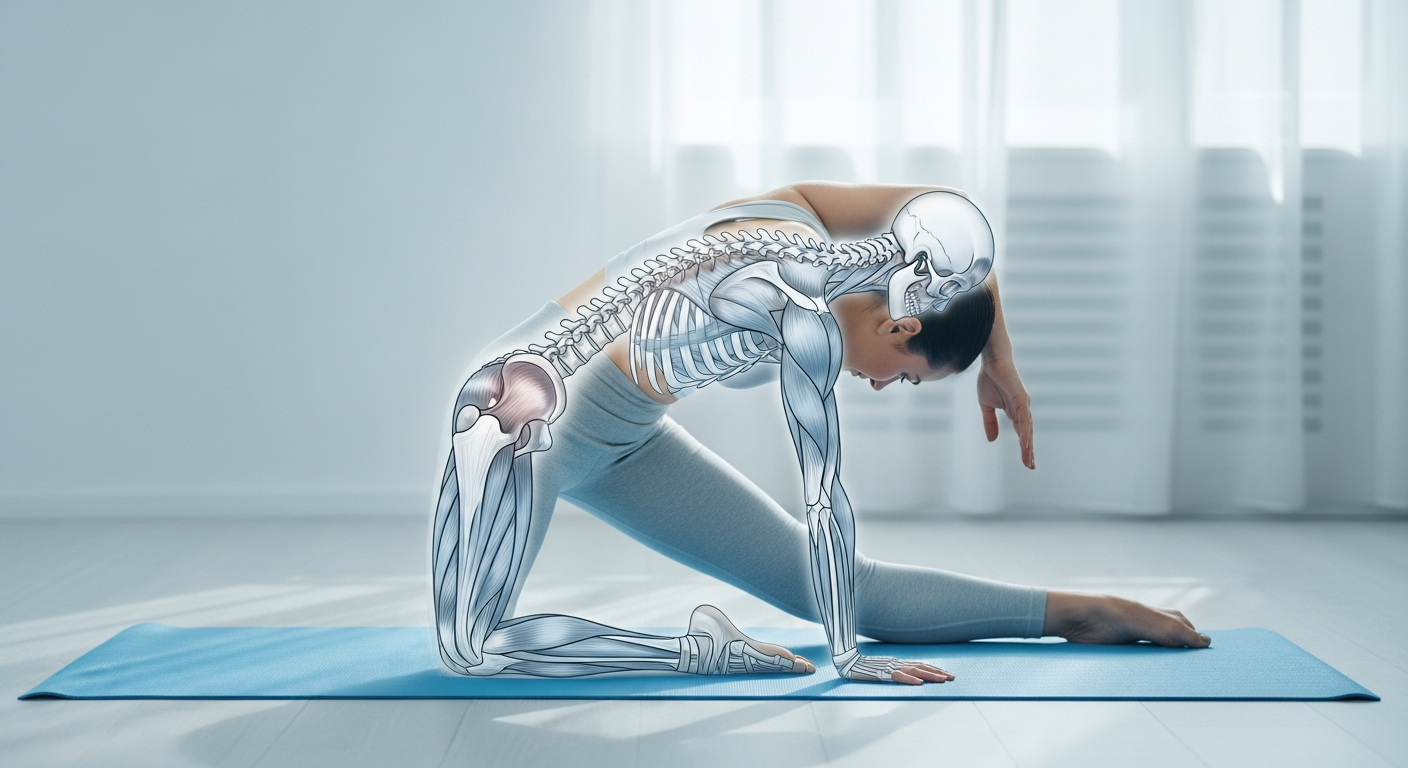 Person performing a gentle morning back stretch routine on a yoga mat at home