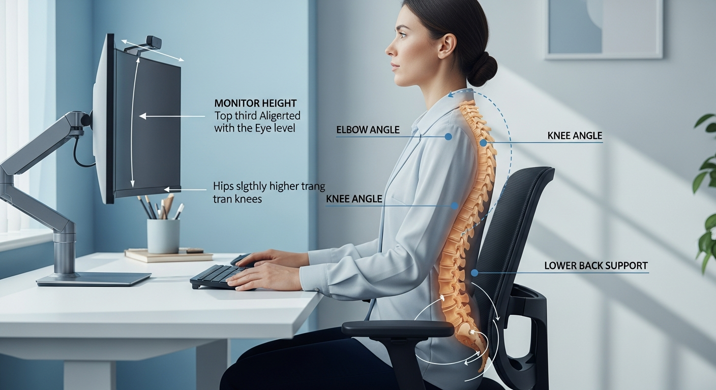Ergonomic office workstation setup illustration for lower back health