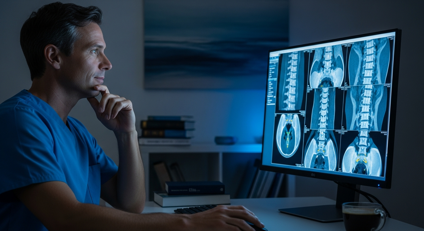 Surgeon reviewing lumbar spine imaging on a monitor in a calm professional setting