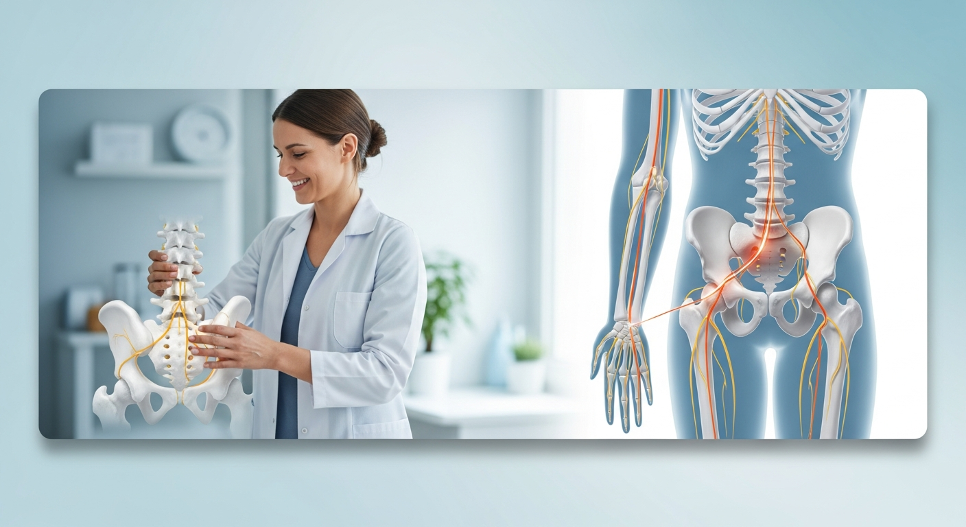 Anatomical illustration showing the sciatic nerve pathway from the lower spine through the hip and leg