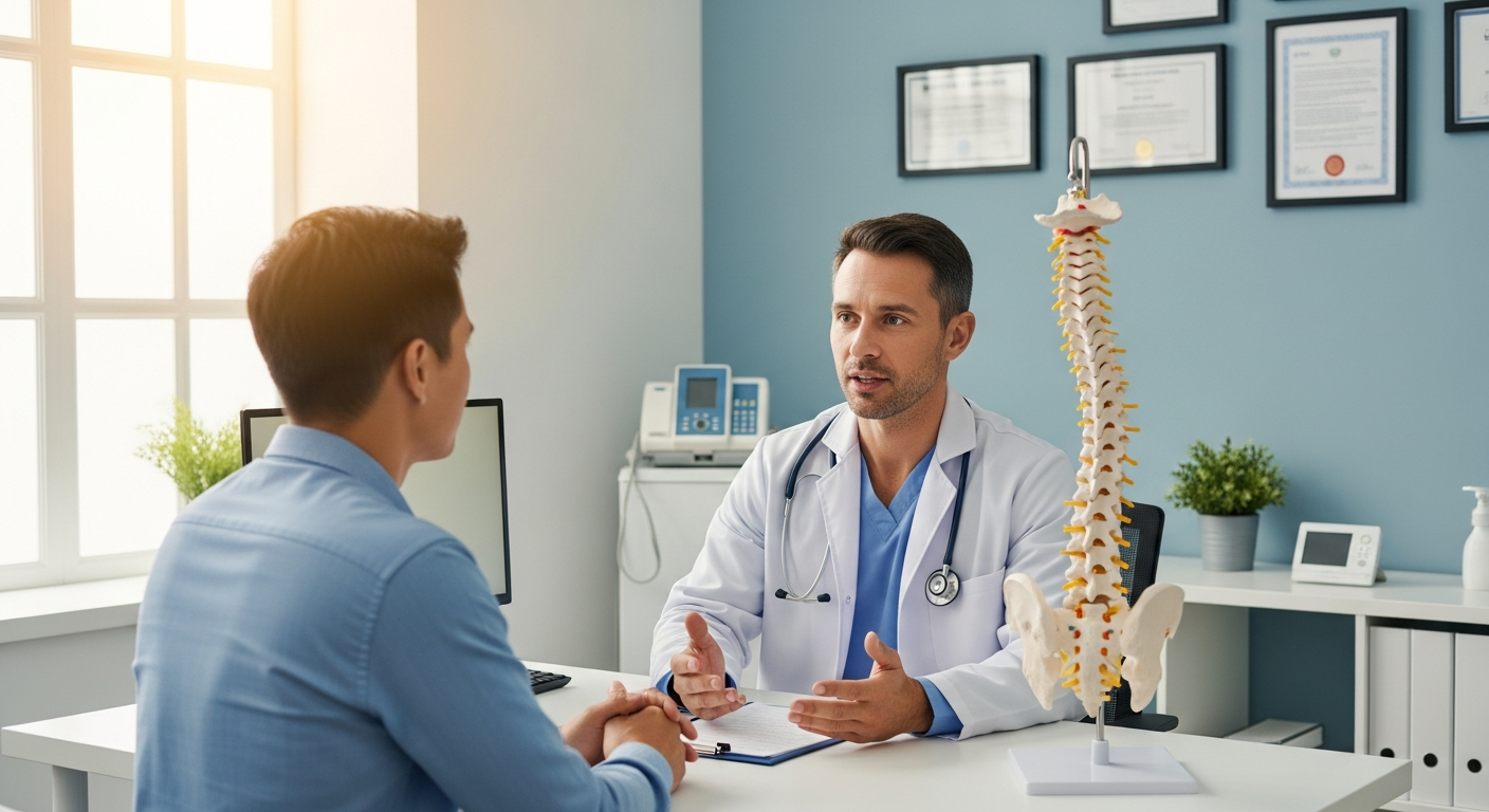 Doctor speaking with a patient in a bright clinic consultation room with a spine model on the desk
