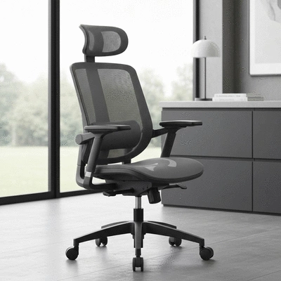 Ergonomic workstation with adjustable chair and monitor, promoting sciatica relief, no text, no words, no typography, clean image