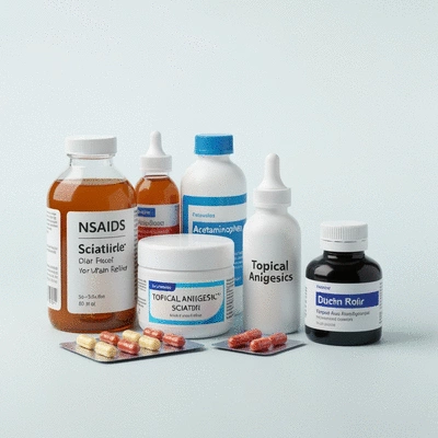Assortment of over-the-counter pain relief medications for sciatica, such as NSAIDs, acetaminophen, and topical analgesics, neatly arranged on a clean background, no text, no words, no typography, high resolution