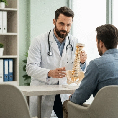Doctor explaining sciatica diagnosis to a patient using a spinal model