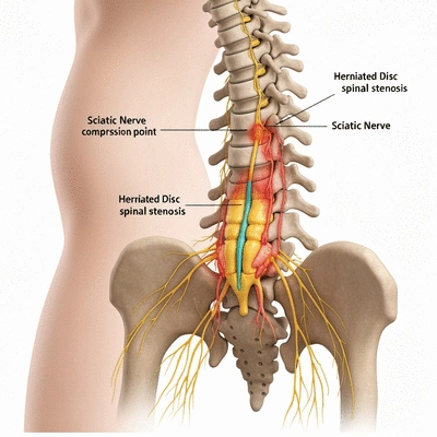 Detailed anatomical illustration of the sciatic nerve and surrounding spinal structures, clean image