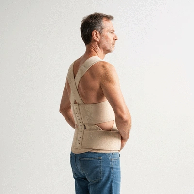 Person wearing a back brace for sciatica management, showing support and stability