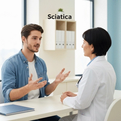 Patient discussing diabetes and sciatica with a doctor in a clinic setting