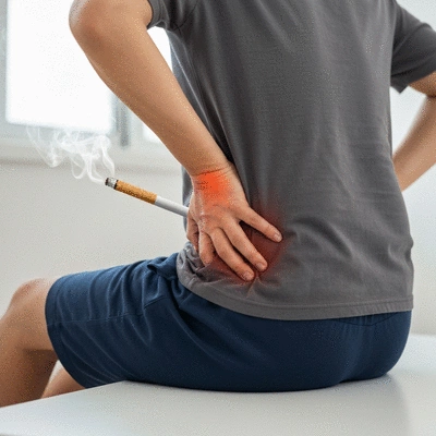 Person experiencing lower back and leg pain, with a faint cigarette smoke effect in the background
