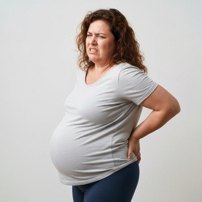 Person with excess weight holding their lower back due to sciatica pain, illustrating mechanical stress on the spine