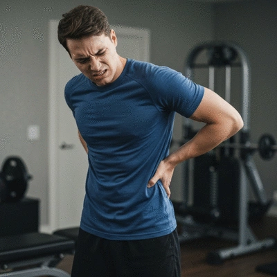 Person experiencing lower back and leg pain, indicating sciatica symptoms after lifting
