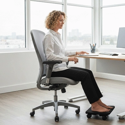 Person using an ergonomic office chair and footrest to alleviate sciatica pain while working at a desk, no text, no words, no typography, clean image