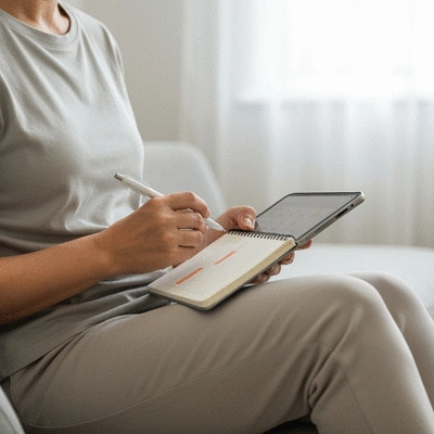 Person tracking their sciatica pain relief progress using a journal or app