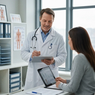 Doctor and patient discussing a personalized sciatica treatment plan on a tablet, with medical charts in the background