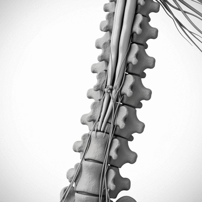 Detailed anatomical illustration of lumbar spinal stenosis with nerve compression