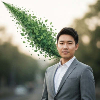 Person exhaling smoke, but smoke turning into healthy green leaves, symbolizing quitting smoking for better health