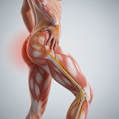 Illustration of a person experiencing sciatica pain in their leg and lower back