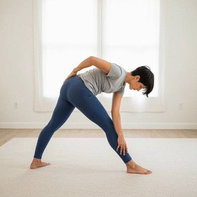 Person performing gentle stretches for lower back and hips, in a clean, bright setting, no text, no words, no typography, no labels, clean image