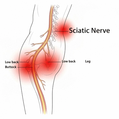 Detailed illustration of sciatic nerve pathway, highlighting areas of pain in the lower back and leg