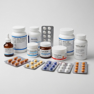 Assortment of generic over-the-counter pain relief medications on a clean white surface