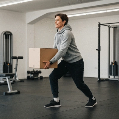 Person lifting heavy box with proper form, back straight, bending knees, in a warehouse setting