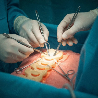 A detailed image of a spinal fusion surgery with surgical tools and a surgeon's hands