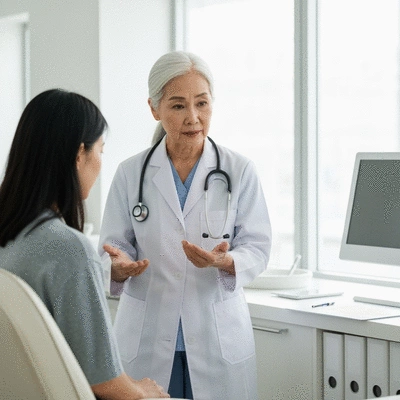 Healthcare professional consulting with a patient about back pain, pointing to a spinal model, in a clean clinic setting