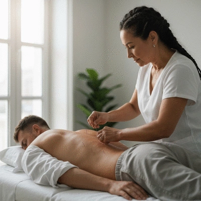 Acupuncturist placing needles on a patient's back for sciatica relief