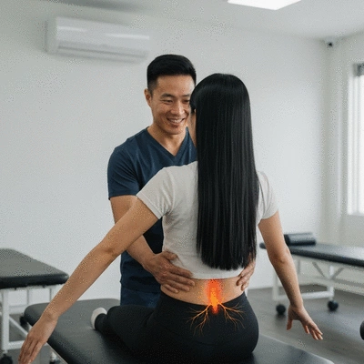 Patient performing nerve glide exercises with a physiotherapist, in a clean, modern clinic setting.