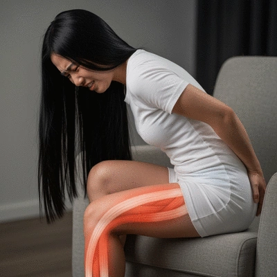 Person experiencing sharp, radiating pain down their leg, indicating sciatica, with a focus on the lower back and leg area