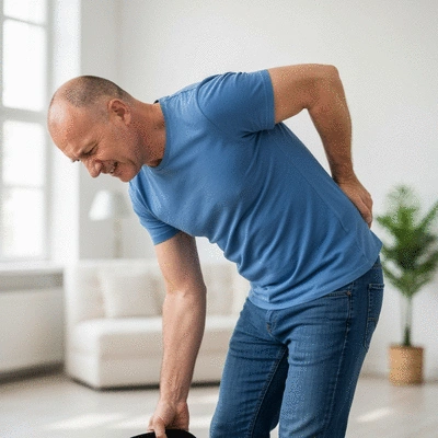 Person experiencing sciatica pain while performing a daily activity like walking or bending, showing discomfort but also resilience, clean image, no text