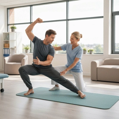 A patient performing physical therapy exercises with a therapist's guidance