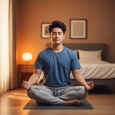 Person meditating in a calm environment, symbolizing stress reduction
