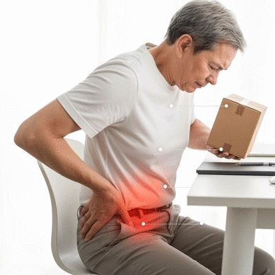 Person experiencing sciatica, highlighting risk factors such as age, occupation, obesity, and diabetes