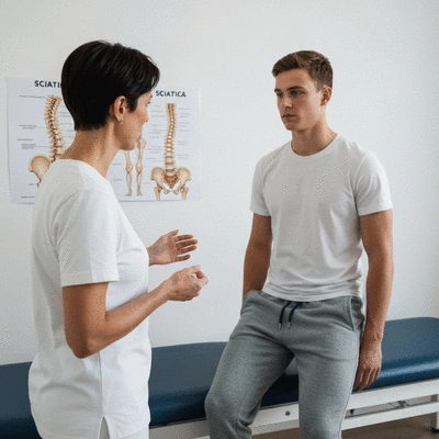 Physiotherapist consulting with an athlete about sciatica, pointing to a diagram of the spine and sciatic nerve