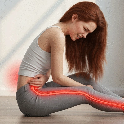 Person experiencing sciatica pain, highlighting the sciatic nerve path in the body, clean image, no text