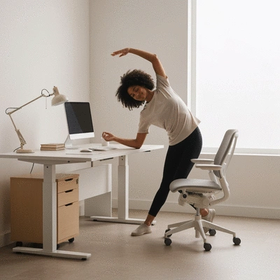 Person stretching at a desk, illustrating ergonomic adjustments for sciatica prevention