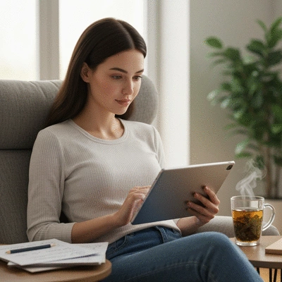 Person reading about sciatica on a tablet, with notes and a warm drink nearby
