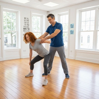 Physiotherapist demonstrating stretches for sciatica relief with a patient