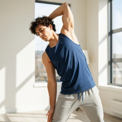 Person doing gentle stretching exercises for sciatica relief in a bright, clean room