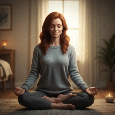 Woman practicing mindfulness meditation in a serene, calm environment, illustrating mental health for pain management