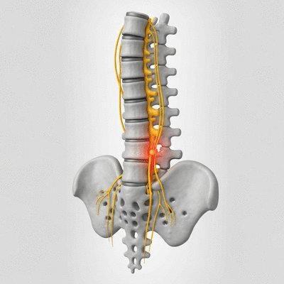 Diagram of the lumbar spine showing a herniated disc