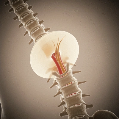 Detailed diagram of a herniated disc in the lumbar spine compressing a nerve